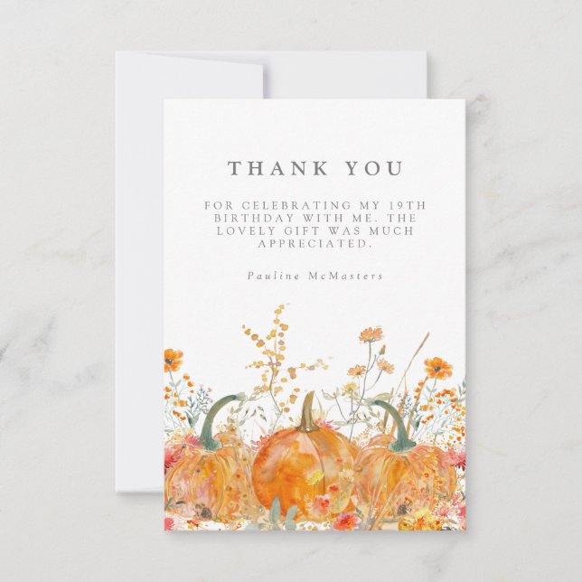 19th Birthday Party Pumpkin Wildflower Custom Thank You Card (Front)