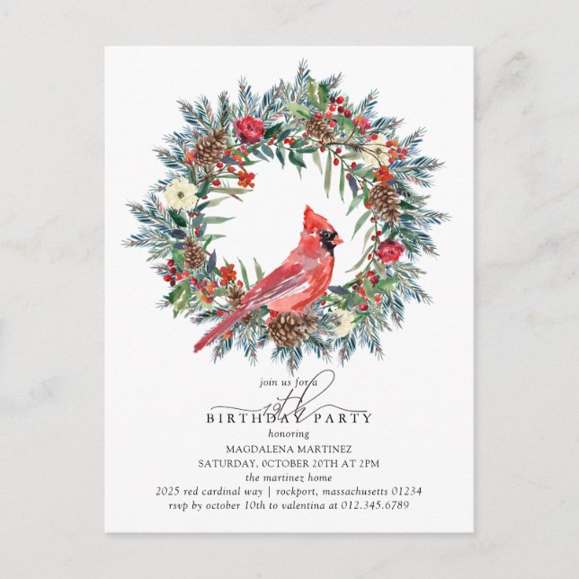 19th Birthday Party Red Cardinal Wreath Invitation Postcard (Front)