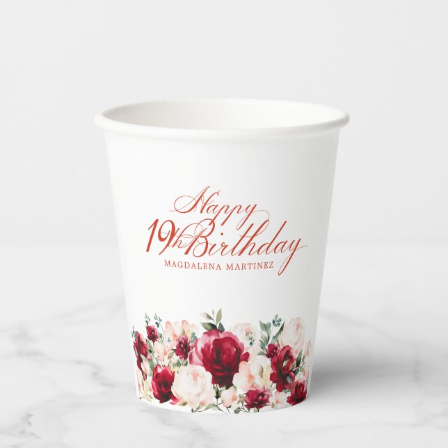 19th Birthday Party Red Rose Pink Peony Custom Paper Cups (Front)