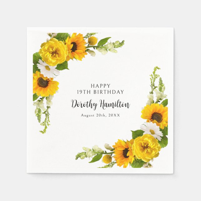 19th Birthday Party Sunflower Daisy Custom Napkin (Front)