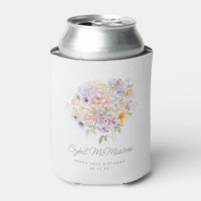 19TH Birthday Party Watercolor Floral Custom Can Cooler (Can Front)