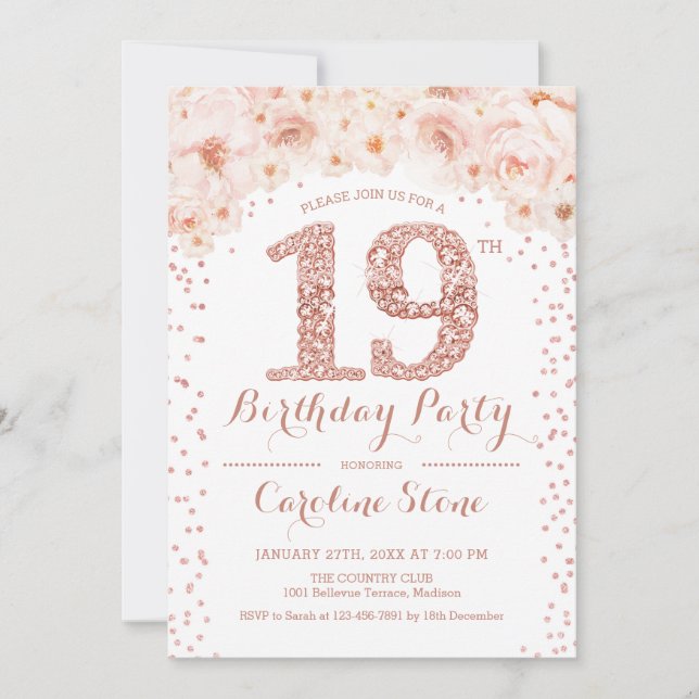 19th Birthday Party - White Rose Gold Invitation (Front)