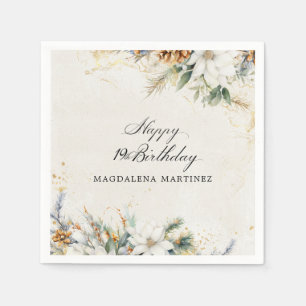 19th Birthday Party White Winter Floral Custom Napkin