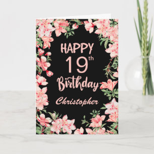 19th Birthday Pink Peach Watercolor Floral Black Card