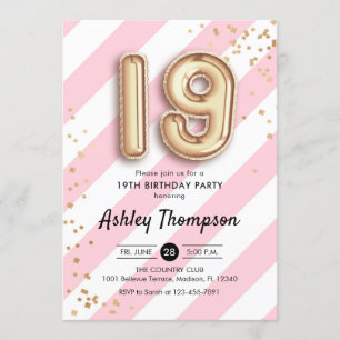 19th Birthday - Pink Stripes Gold Balloons Invitation