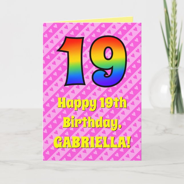 19th Birthday: Pink Stripes & Hearts, Rainbow # 19 Card (Front)