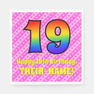 19th Birthday: Pink Stripes & Hearts, Rainbow # 19 Napkin