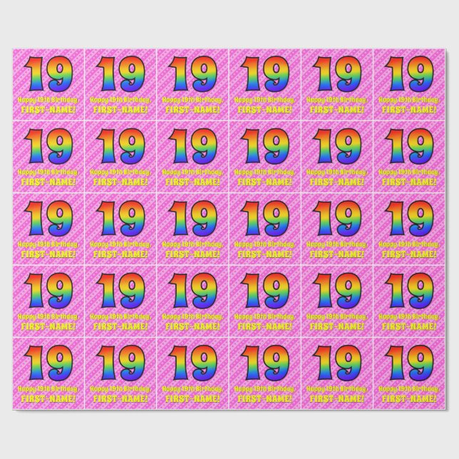 19th Birthday: Pink Stripes & Hearts, Rainbow # 19 Wrapping Paper (Flat)