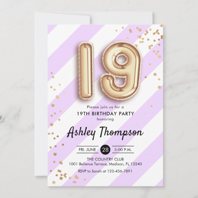 19th Birthday - Purple Stripes Gold Balloons Invitation (Front)