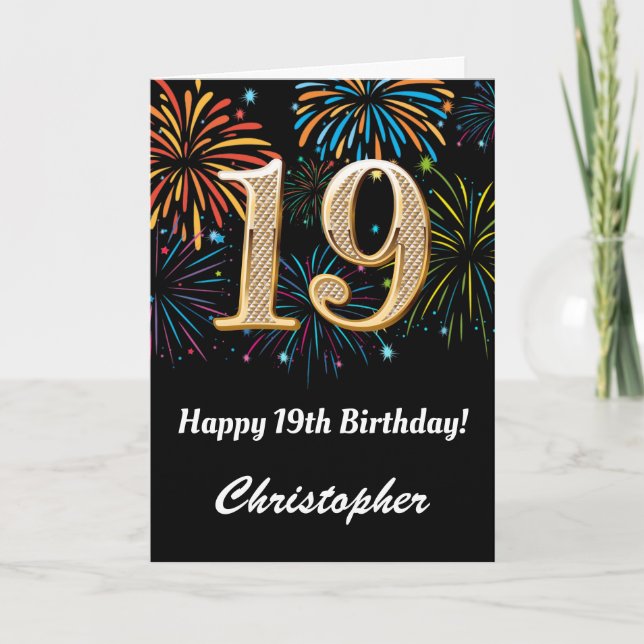 19th Birthday Rainbow Fireworks Black and Gold Card (Front)