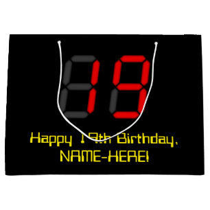 19th Birthday: Red Digital Clock Style "19" + Name Large Gift Bag