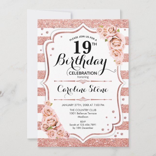 19th Birthday -  Rose Gold White Stripes Invitation (Front)