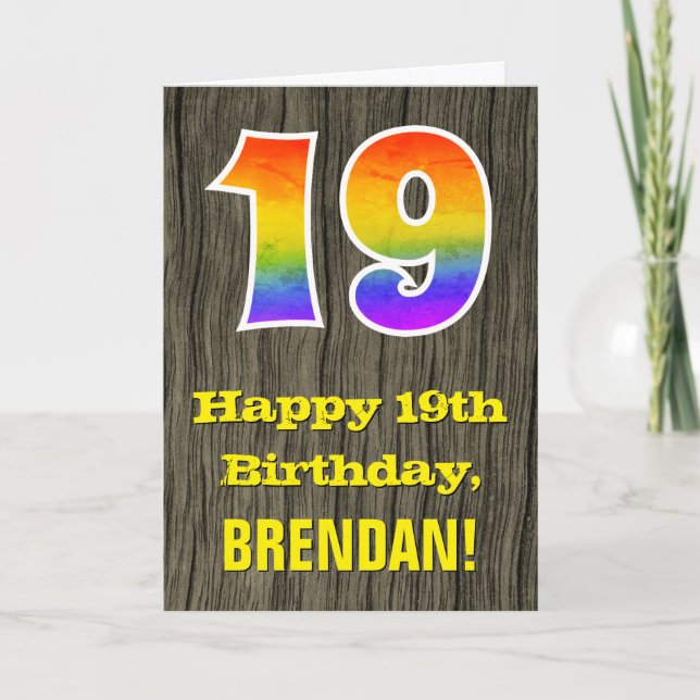 19th Birthday: Rustic Faux Wood Look, Rainbow "19" Card (Front)