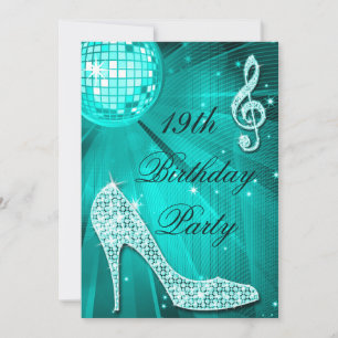 19th Birthday Sparkle Heels and Teal Disco Ball Invitation