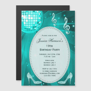 19th Birthday Sparkle Heels and Teal Disco Ball Magnetic Invitation