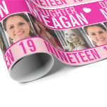 19th birthday three photos pink daughter wrapping  wrapping paper<br><div class="desc">Graphic hot pink, light pink, and white with a little white heart 19th daughter birthday wrapping paper. Bright graphic birthday wrap with three placeholders for your own photos and to customise with your own name, age, and inside message. Matching birthday card is also available. Unique design by Sarah Trett for...</div>