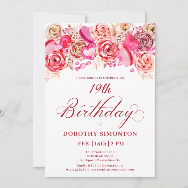 19th Birthday Valentine Pink Rose Swirly Heart Invitation (Front)