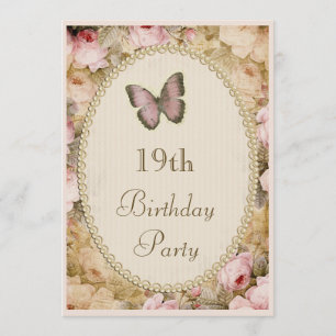 19th Birthday Vintage Roses Butterfly, Music Notes Invitation