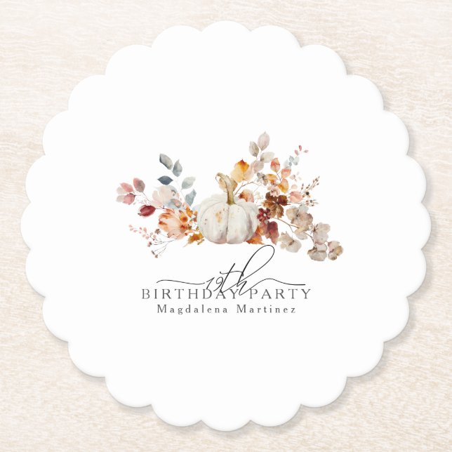 19th Birthday White Pumpkin Fall Flowers Custom Paper Coaster (Front)