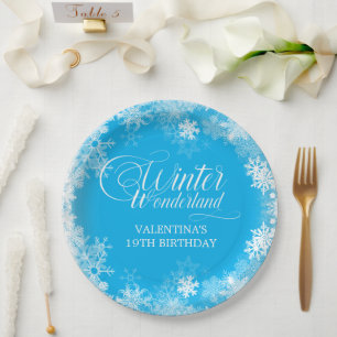 19th Birthday Winter Wonderland Snowflake Blue Paper Plate