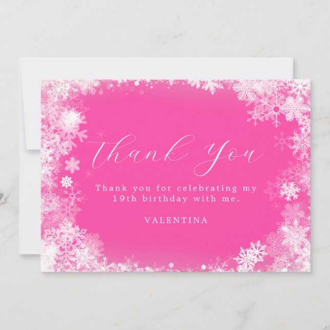 19th Birthday Winter Wonderland Snowflake Pink Thank You Card (Front)