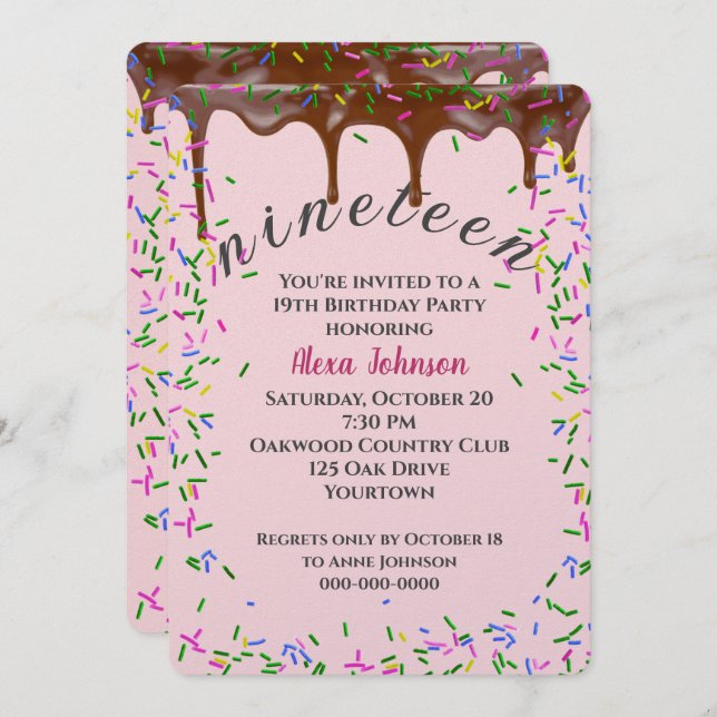 19th Birthday With Chocolate Icing And Sprinkles Invitation (Front/Back)