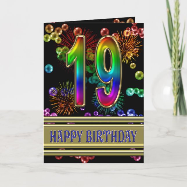 19th Birthday with rainbow bubbles and fireworks Card (Front)