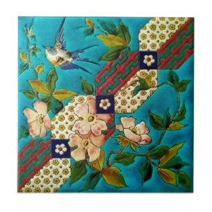 19th Century Aesthetic Longwy Bird Dogwood Repro Ceramic Tile