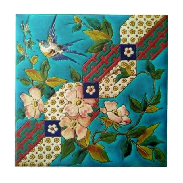 19th Century Aesthetic Longwy Bird Dogwood Repro Ceramic Tile (Front)