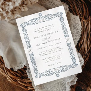 19th Century Antique Ornate Border Aged Blue Invitation