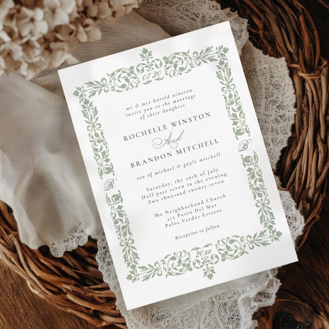 19th Century Antique Ornate Border Sage Green Invitation (Creator Uploaded)