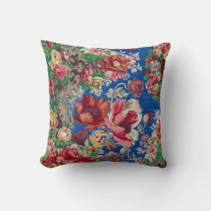 19th Century Flower Pattern Antique Blue Chintz Cushion