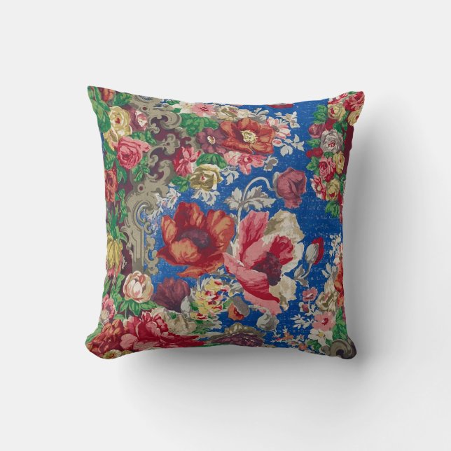19th Century Flower Pattern Antique Blue Chintz Cushion (Front)