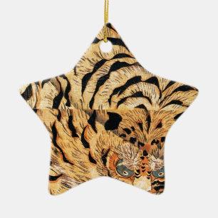 19th century painting of a tiger by Kuniyoshi Utag Ceramic Tree Decoration