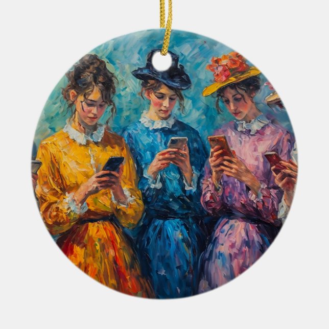 19th Century People Using Smartphones Ceramic Ornament (Front)