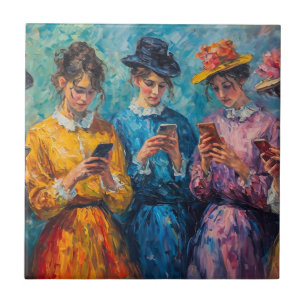 19th Century People Using Smartphones Ceramic Tile