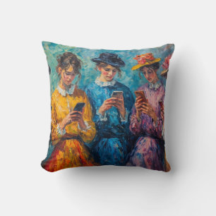 19th Century People Using Smartphones Cushion