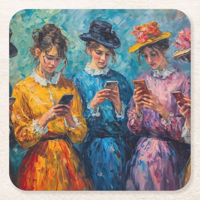 19th Century People Using Smartphones Square Paper Coaster (Front)