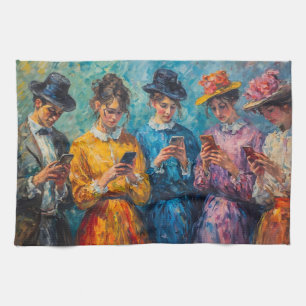19th Century People Using Smartphones Tea Towel