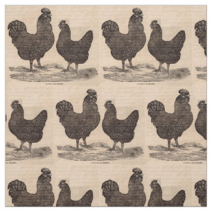 19th century print Plymouth Rock hen and rooster Fabric