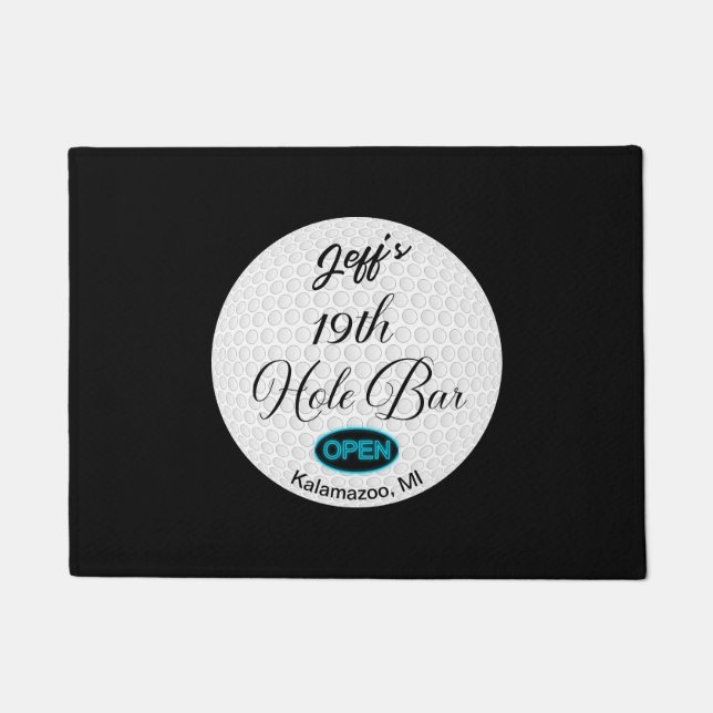 19th Hole Bar Personalised Golf Ball Design Bar Doormat (Front)