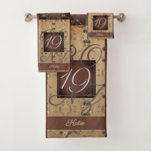 19th Wedding Anniversary Dark Bronze Monogram Bath Towel Set