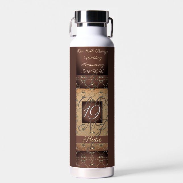 19th Wedding Anniversary Dark Bronze Monogram Water Bottle (Front)