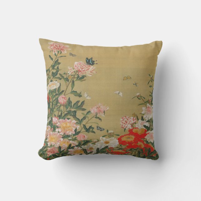 1. 芍薬群蝶図, 若冲 Flower and Butterfly, Jakuchū Cushion (Front)