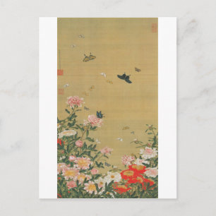 1. 芍薬群蝶図, 若冲 Flower and Butterfly, Jakuchu Postcard