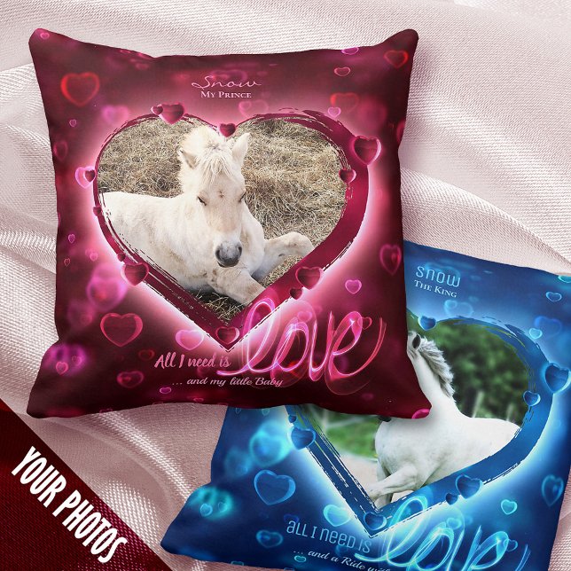 1+1 Photo Horse & Pet Love, Red & Blue Hearts - Cushion (Creator Uploaded)