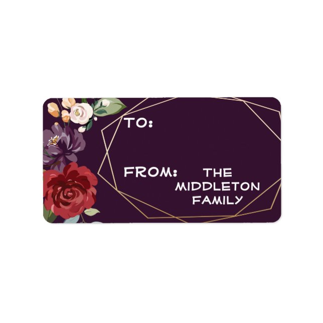 1.25"x2.75" Christmas Plum Purple Roses Gold Geome Label (Front)