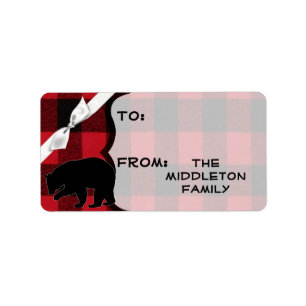 1.25"x2.75" Christmas XMAS Red Buffalo Plaid Bear Label