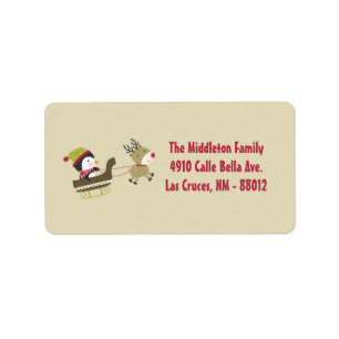 1.25"x2.75" Tan Penguin Rudolf Mailing Address Label