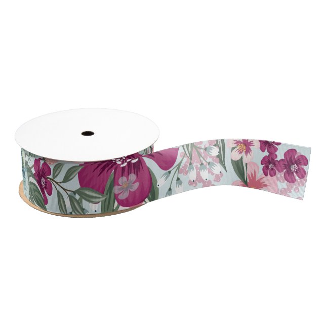 1.5" Grosgrain Ribbon Tropical Flowers on Blue Omb (Spool)